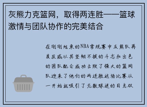 灰熊力克篮网，取得两连胜——篮球激情与团队协作的完美结合