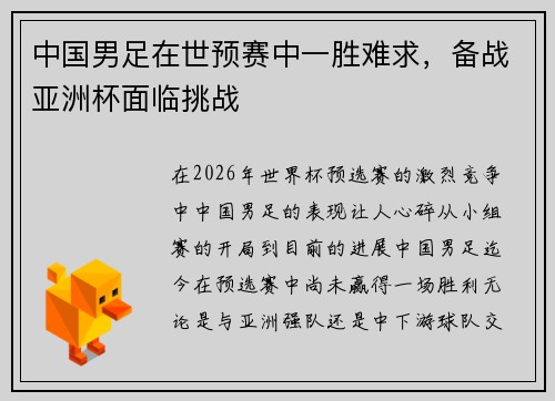 中国男足在世预赛中一胜难求，备战亚洲杯面临挑战